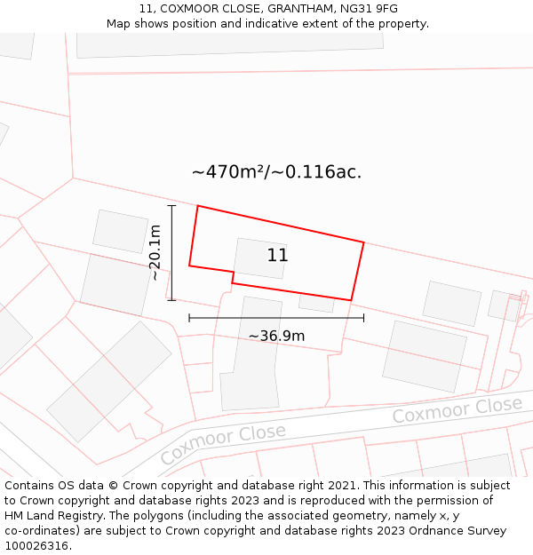 11, COXMOOR CLOSE, GRANTHAM, NG31 9FG: Plot and title map