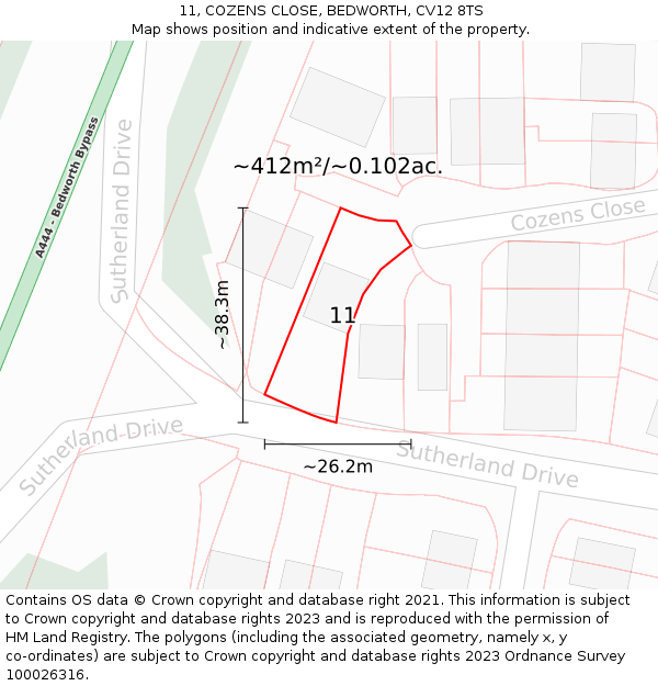 11, COZENS CLOSE, BEDWORTH, CV12 8TS: Plot and title map