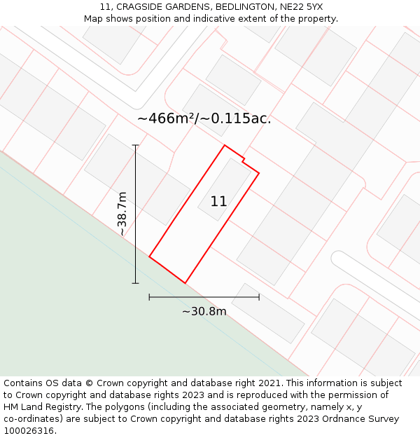 11, CRAGSIDE GARDENS, BEDLINGTON, NE22 5YX: Plot and title map