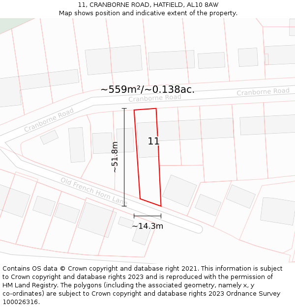 11, CRANBORNE ROAD, HATFIELD, AL10 8AW: Plot and title map