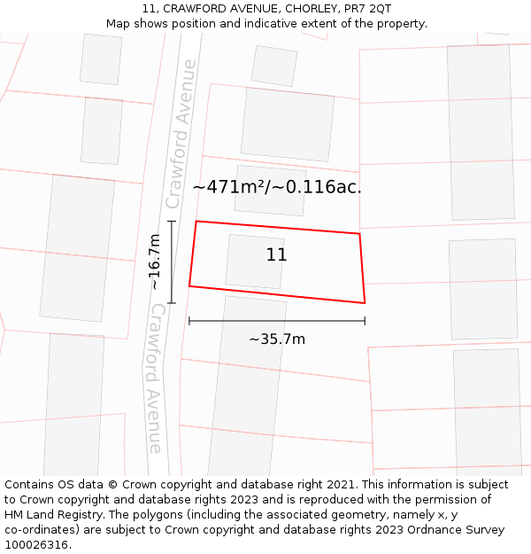 11, CRAWFORD AVENUE, CHORLEY, PR7 2QT: Plot and title map