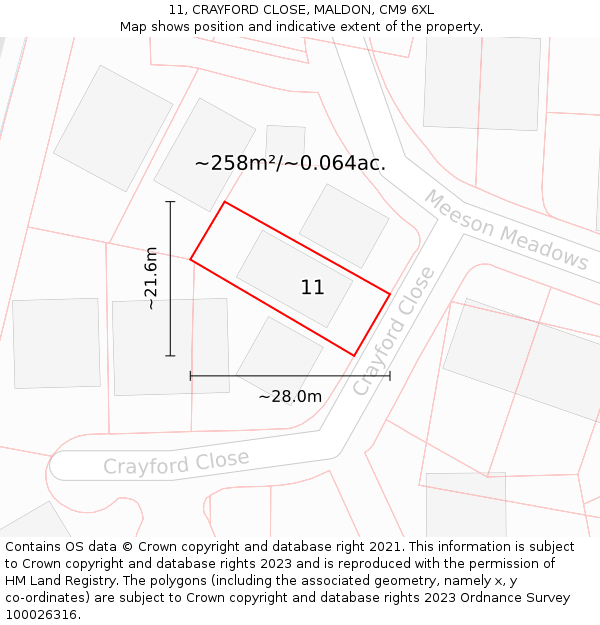 11, CRAYFORD CLOSE, MALDON, CM9 6XL: Plot and title map