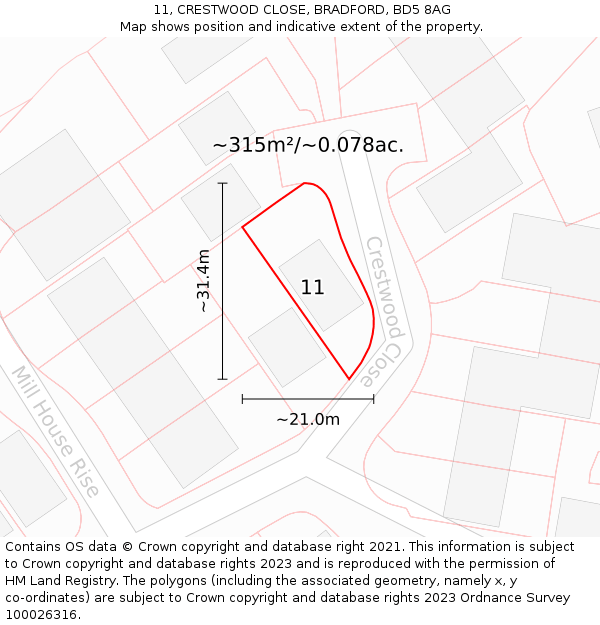 11, CRESTWOOD CLOSE, BRADFORD, BD5 8AG: Plot and title map