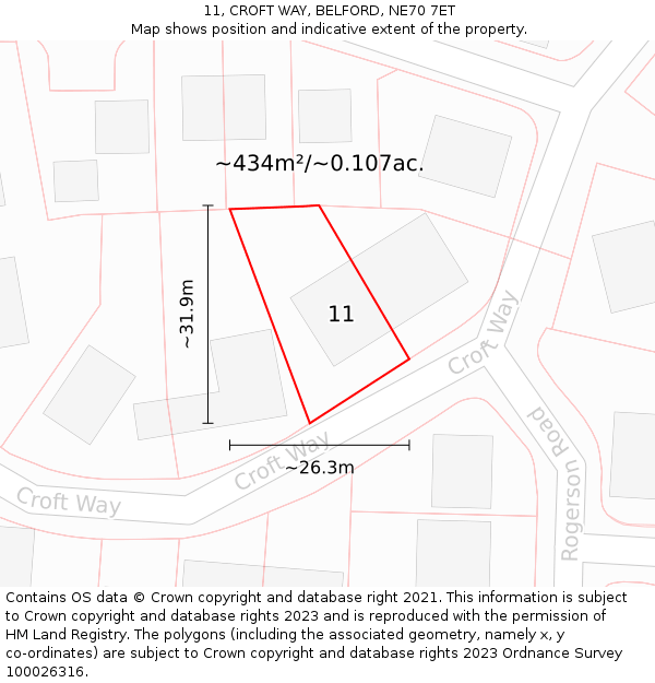 11, CROFT WAY, BELFORD, NE70 7ET: Plot and title map