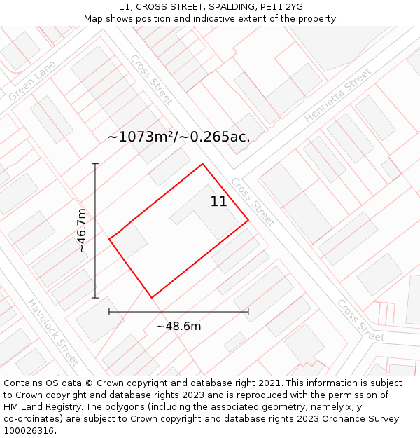 11, CROSS STREET, SPALDING, PE11 2YG: Plot and title map