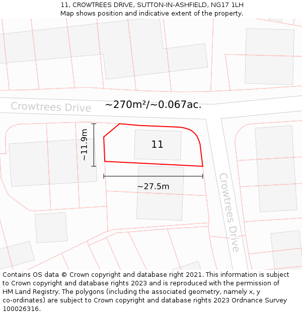 11, CROWTREES DRIVE, SUTTON-IN-ASHFIELD, NG17 1LH: Plot and title map