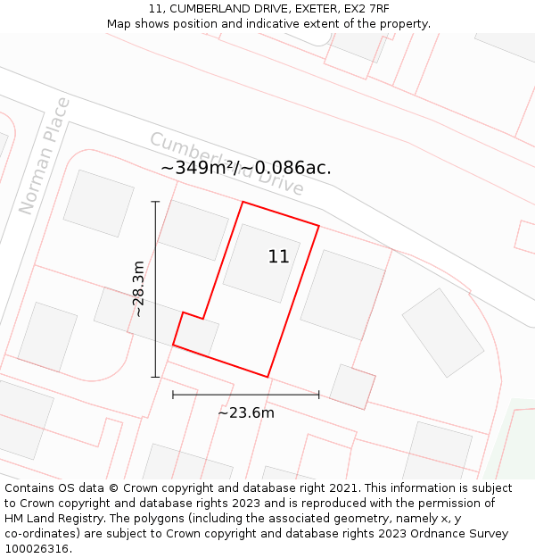 11, CUMBERLAND DRIVE, EXETER, EX2 7RF: Plot and title map