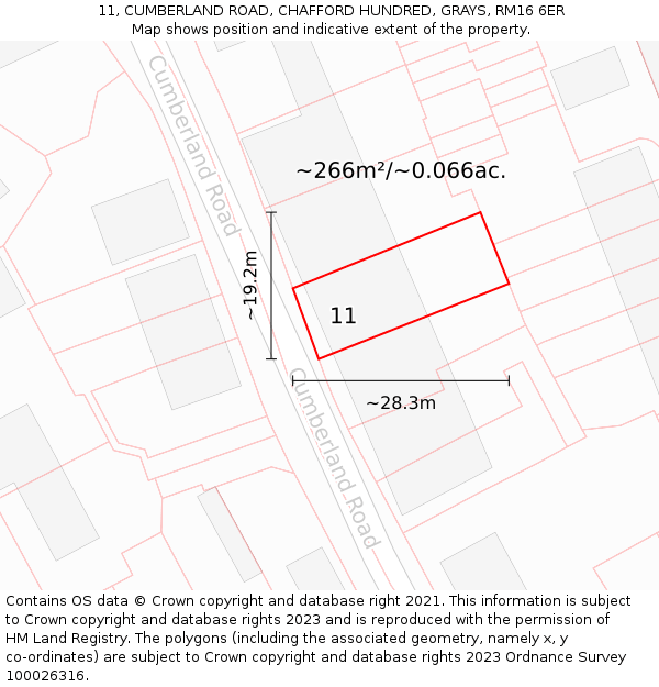 11, CUMBERLAND ROAD, CHAFFORD HUNDRED, GRAYS, RM16 6ER: Plot and title map