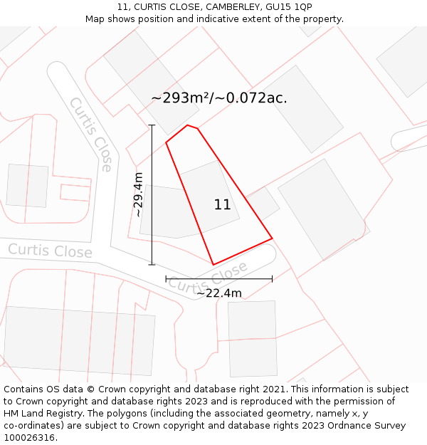 11, CURTIS CLOSE, CAMBERLEY, GU15 1QP: Plot and title map