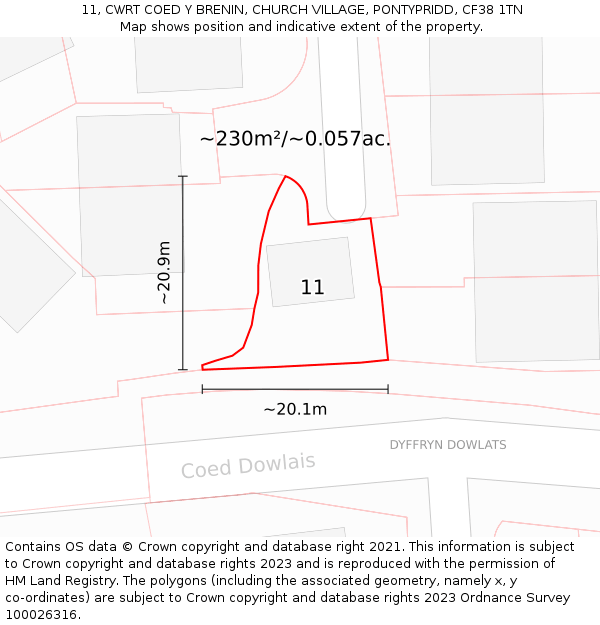 11, CWRT COED Y BRENIN, CHURCH VILLAGE, PONTYPRIDD, CF38 1TN: Plot and title map