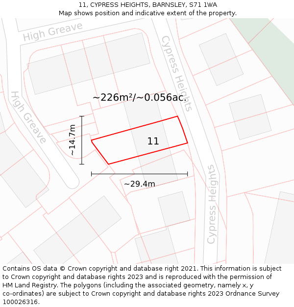 11, CYPRESS HEIGHTS, BARNSLEY, S71 1WA: Plot and title map