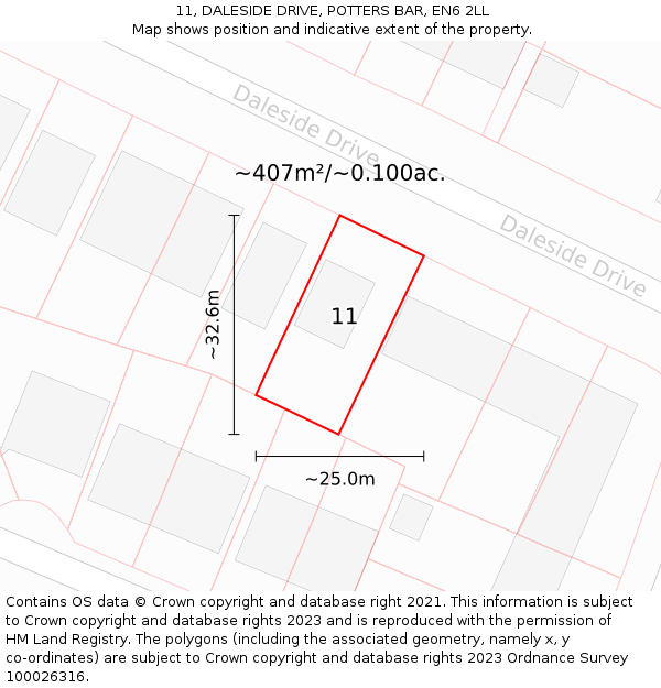 11, DALESIDE DRIVE, POTTERS BAR, EN6 2LL: Plot and title map