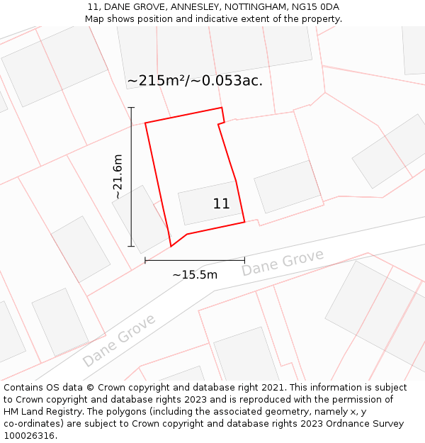 11, DANE GROVE, ANNESLEY, NOTTINGHAM, NG15 0DA: Plot and title map