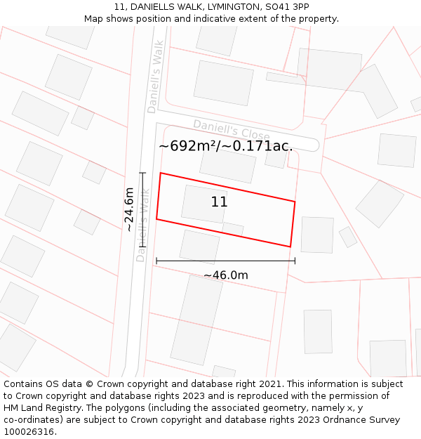 11, DANIELLS WALK, LYMINGTON, SO41 3PP: Plot and title map