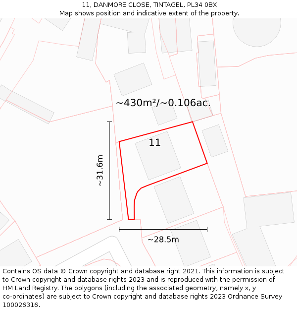 11, DANMORE CLOSE, TINTAGEL, PL34 0BX: Plot and title map