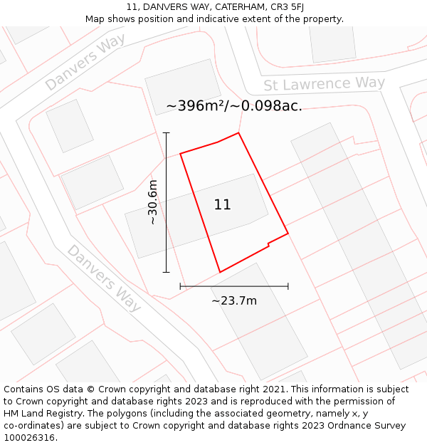 11, DANVERS WAY, CATERHAM, CR3 5FJ: Plot and title map