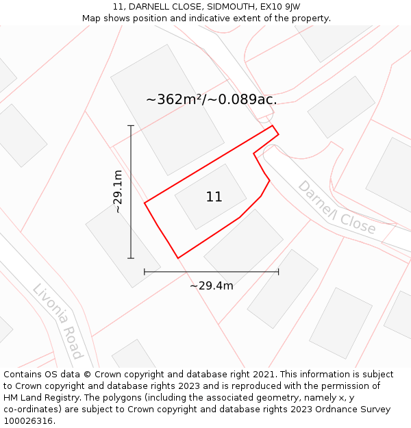 11, DARNELL CLOSE, SIDMOUTH, EX10 9JW: Plot and title map