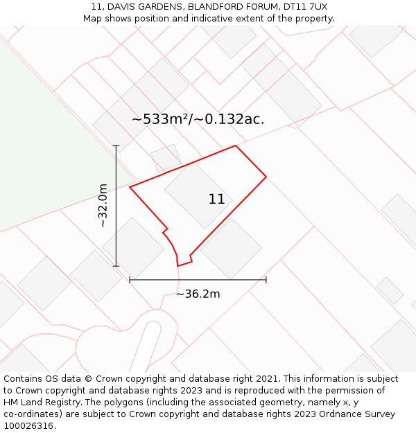 11, DAVIS GARDENS, BLANDFORD FORUM, DT11 7UX: Plot and title map