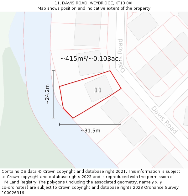 11, DAVIS ROAD, WEYBRIDGE, KT13 0XH: Plot and title map