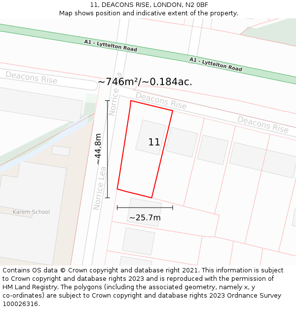 11, DEACONS RISE, LONDON, N2 0BF: Plot and title map