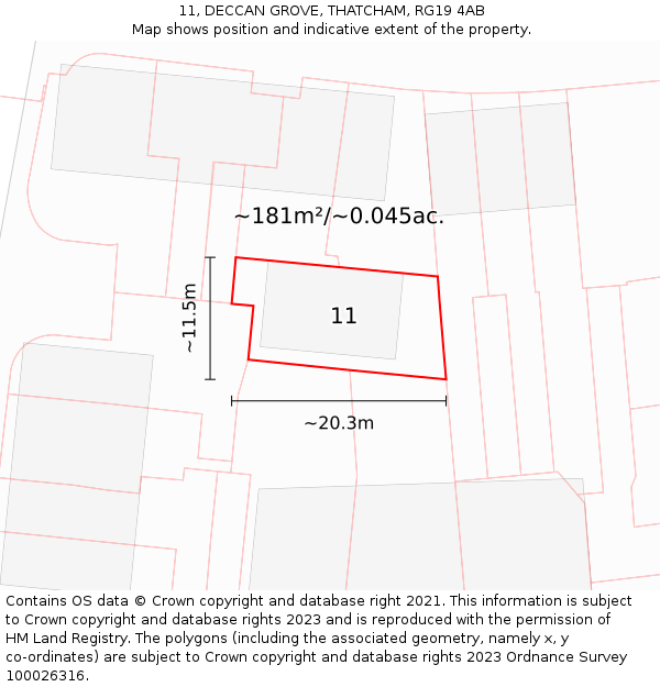 11, DECCAN GROVE, THATCHAM, RG19 4AB: Plot and title map