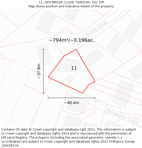 11, DEN BROOK CLOSE, TORQUAY, TQ1 3TP: Plot and title map