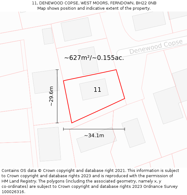 11, DENEWOOD COPSE, WEST MOORS, FERNDOWN, BH22 0NB: Plot and title map