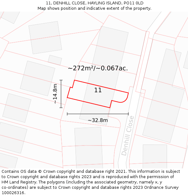 11, DENHILL CLOSE, HAYLING ISLAND, PO11 0LD: Plot and title map