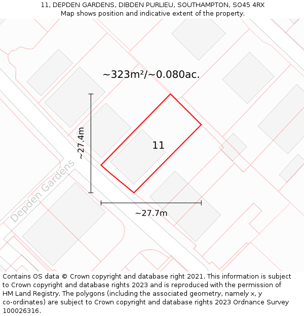 11, DEPDEN GARDENS, DIBDEN PURLIEU, SOUTHAMPTON, SO45 4RX: Plot and title map