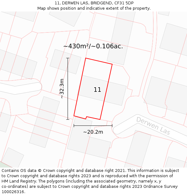 11, DERWEN LAS, BRIDGEND, CF31 5DP: Plot and title map