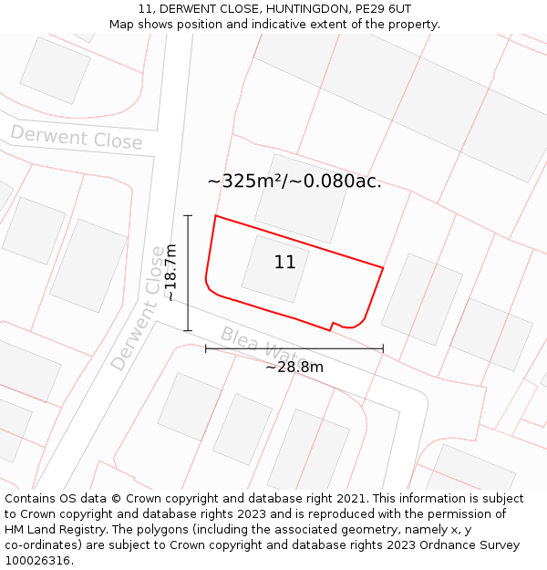 11, DERWENT CLOSE, HUNTINGDON, PE29 6UT: Plot and title map