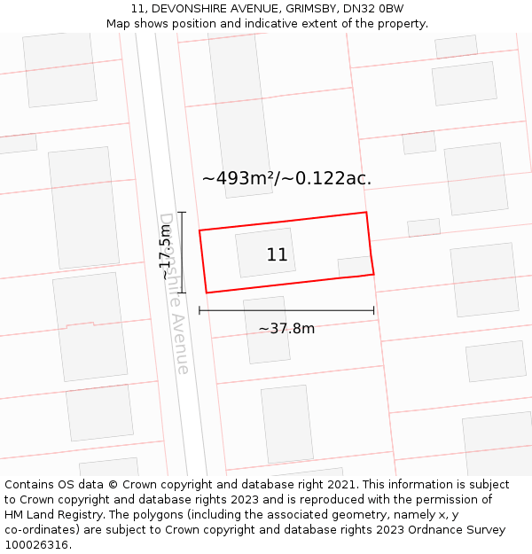 11, DEVONSHIRE AVENUE, GRIMSBY, DN32 0BW: Plot and title map