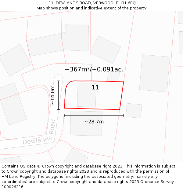 11, DEWLANDS ROAD, VERWOOD, BH31 6PQ: Plot and title map