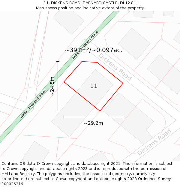 11, DICKENS ROAD, BARNARD CASTLE, DL12 8HJ: Plot and title map