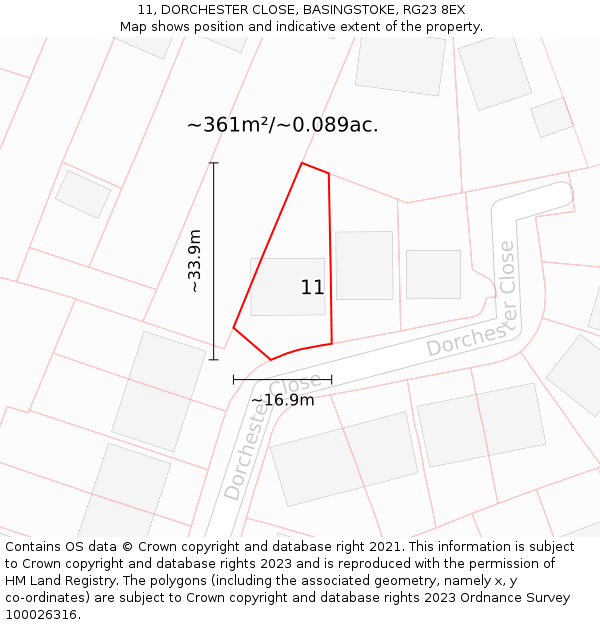 11, DORCHESTER CLOSE, BASINGSTOKE, RG23 8EX: Plot and title map