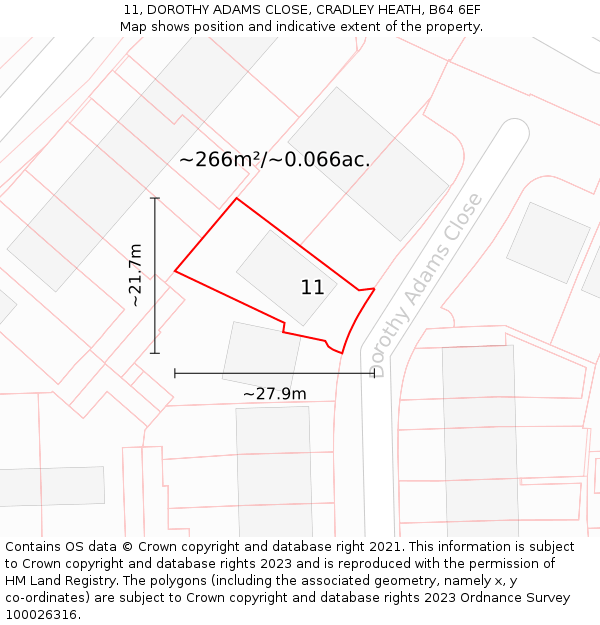 11, DOROTHY ADAMS CLOSE, CRADLEY HEATH, B64 6EF: Plot and title map