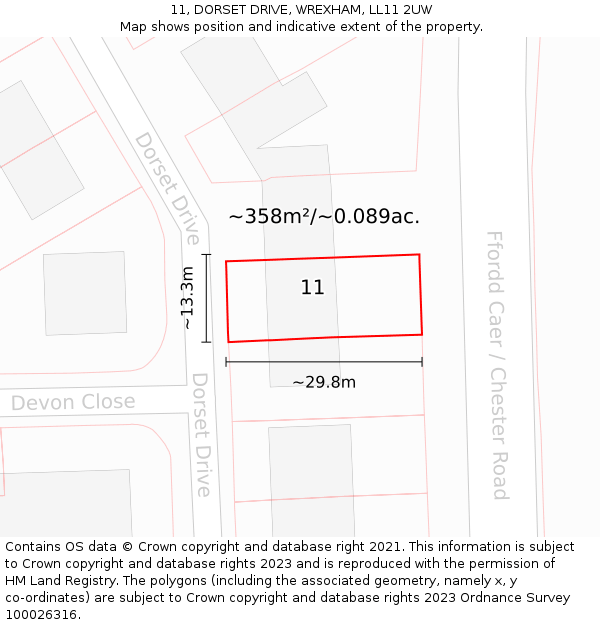 11, DORSET DRIVE, WREXHAM, LL11 2UW: Plot and title map