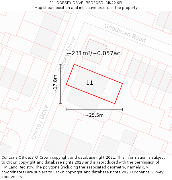 11, DORSEY DRIVE, BEDFORD, MK42 9FL: Plot and title map