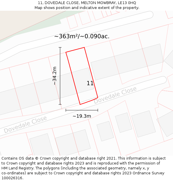 11, DOVEDALE CLOSE, MELTON MOWBRAY, LE13 0HQ: Plot and title map