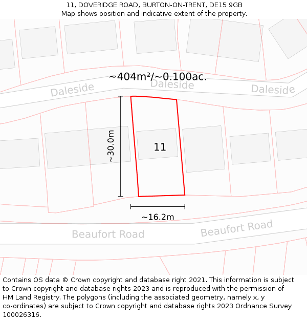 11, DOVERIDGE ROAD, BURTON-ON-TRENT, DE15 9GB: Plot and title map