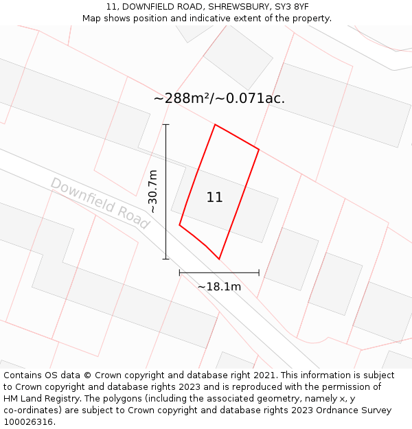 11, DOWNFIELD ROAD, SHREWSBURY, SY3 8YF: Plot and title map