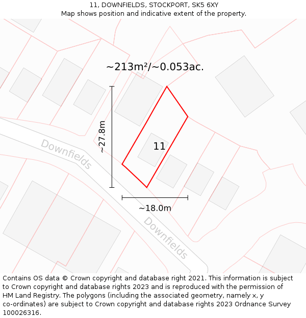 11, DOWNFIELDS, STOCKPORT, SK5 6XY: Plot and title map