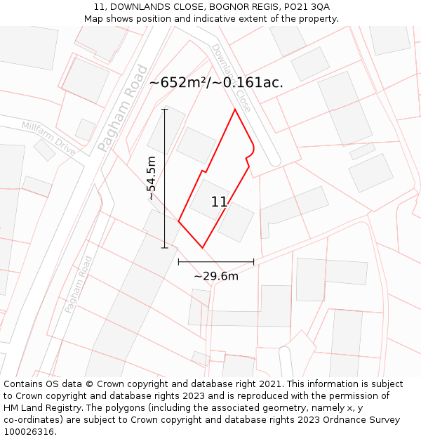 11, DOWNLANDS CLOSE, BOGNOR REGIS, PO21 3QA: Plot and title map