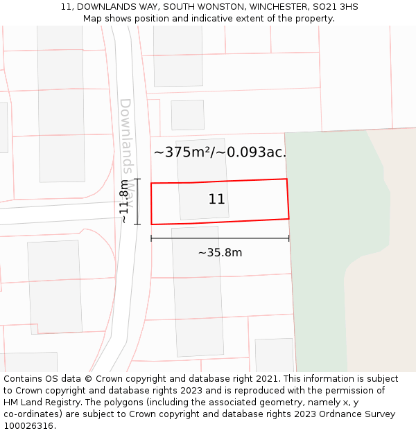 11, DOWNLANDS WAY, SOUTH WONSTON, WINCHESTER, SO21 3HS: Plot and title map