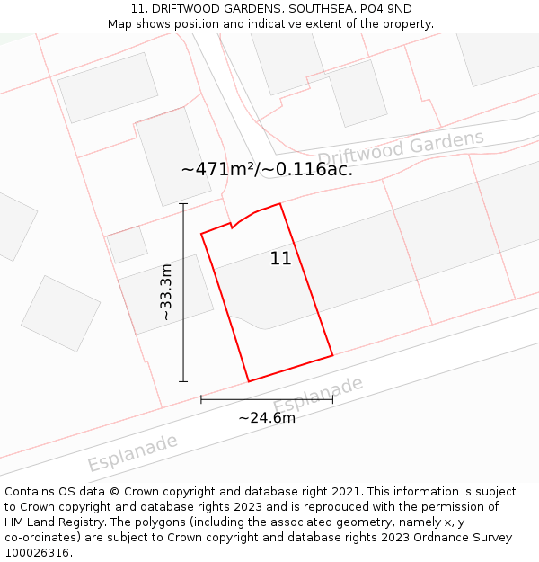 11, DRIFTWOOD GARDENS, SOUTHSEA, PO4 9ND: Plot and title map