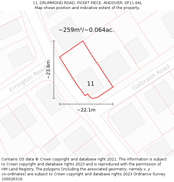 11, DRUMMOND ROAD, PICKET PIECE, ANDOVER, SP11 6AL: Plot and title map