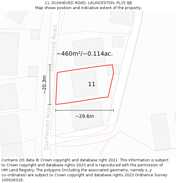 11, DUNHEVED ROAD, LAUNCESTON, PL15 9JE: Plot and title map