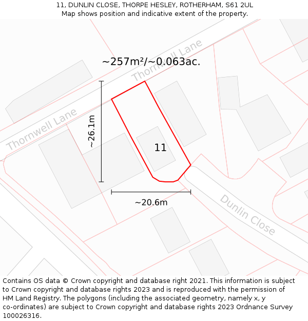 11, DUNLIN CLOSE, THORPE HESLEY, ROTHERHAM, S61 2UL: Plot and title map