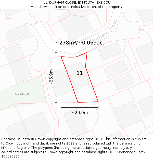 11, DURHAM CLOSE, EXMOUTH, EX8 5QU: Plot and title map