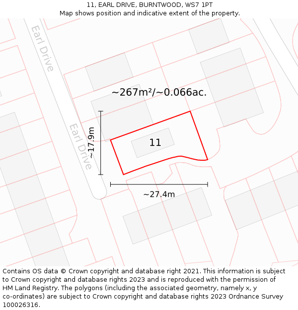 11, EARL DRIVE, BURNTWOOD, WS7 1PT: Plot and title map